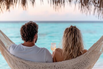 Fototapeta premium Romantischer Strandurlaub in der Hängematte bei Sonnenuntergang
