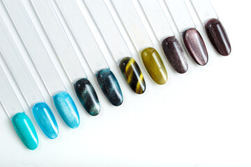 Set of multi-colored samples for manicure. Fashion  accessories. Beauty hands. Stylish nails, nail...