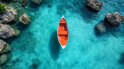 A small boat is floating in the ocean with a blue sky in the background