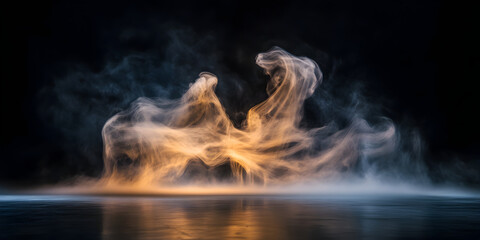 Mystical mist. Swirling smoke in dark and light symphony. Fluid fantasia. Abstract dance of fog and light on floor along with black backgdrop