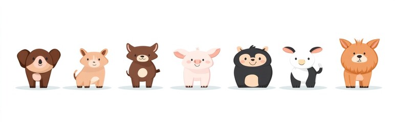 Naklejka premium Seven adorable cartoon farm animals standing in a row