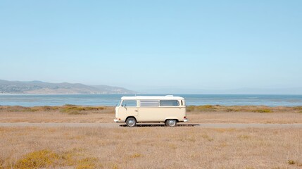 Obraz premium Coastal road trip Vintage van by ocean, sunny day