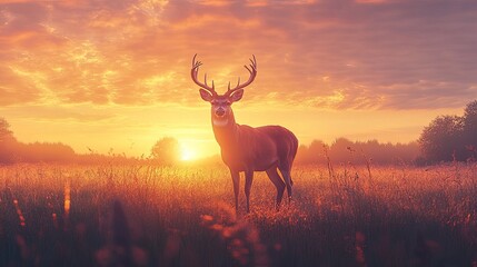 Obraz premium A wide panoramic shot of a roe deer (Capreolus capreolus) buck standing on a meadow at sunset. 