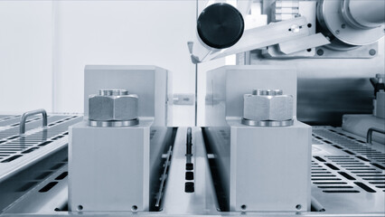 Industrial machine for production and printing of polyethylene bags. Industrial concept background