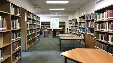 Obraz premium A library with many bookshelves and tables.