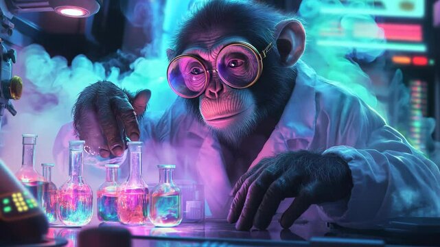 A monkey scientist wearing goggles, working with colorful chemicals in a futuristic laboratory with neon lights and high-tech equipment