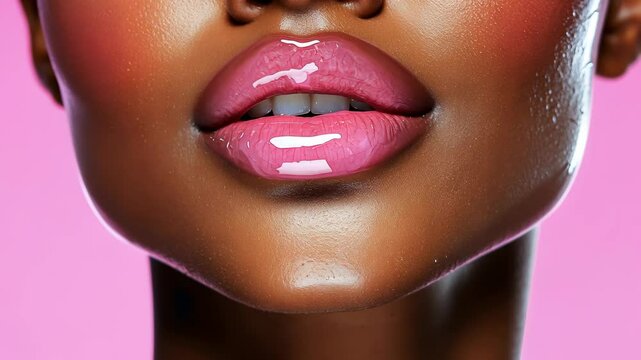 Glossy close-up African American woman lips emphasizing makeup on dark skin, revealing radiant beauty and cosmetic elegance video 4k
