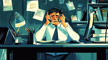 A man in a white shirt and tie sits at a desk, holding a phone to his ear, with papers and books scattered around him.