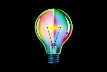 Illustration of a glowing light bulb shimmering with bright colors, symbolizing creativity and inspiration.