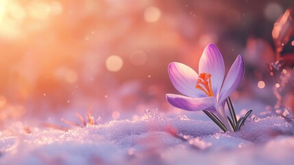 A crocus flower blooming in the snow, symbolizing hope and new life during winter. 