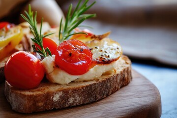 A rustic slice of toasted bread topped with roasted tomatoes, creamy cheese, and fresh rosemary, presenting a quick yet gourmet open sandwich for food enthusiasts.