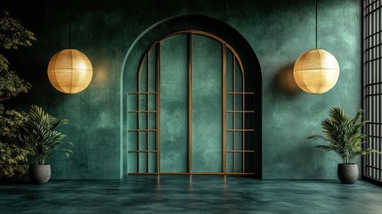 Green room, arched door, plants, lamps, interior design