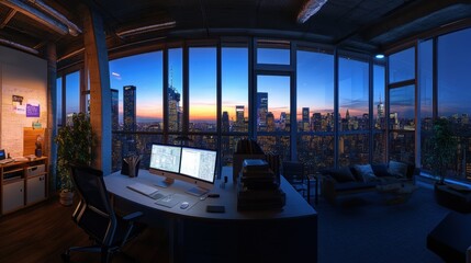 A modern office space with a panoramic city view at dusk.