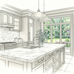 kitchen island interior design sketch with white cabinets and marble countertops