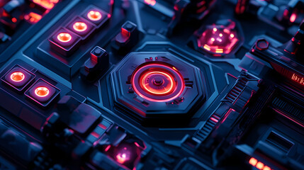 Obraz premium Hexagonal metal background with scattered led lights and futuristic equipment, tech, industrial. Neon Futurism. Illustration