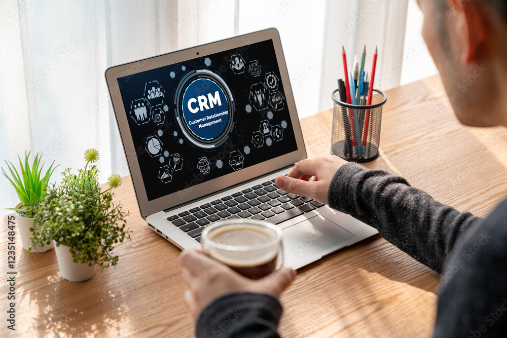Poster customer relationship management system on modish computer for crm business and enterprise