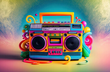 Obraz premium Bright, dreamy illustration photo with hand painted boombox on background shimmering with textured gradients.