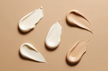 Creamy cosmetic brushstrokes on a beige background create a sophisticated look, highlighting texture and color combinations.