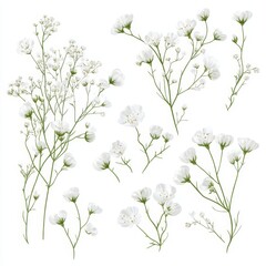 Set of white gypsophila flowers isolated on white background.