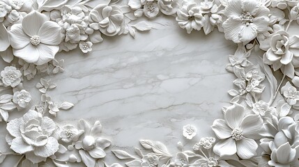 White Floral Bas Relief on Marble Background