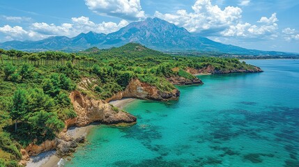 Obraz premium Coastal Landscape Featuring Majestic Mountains and Turquoise Waters