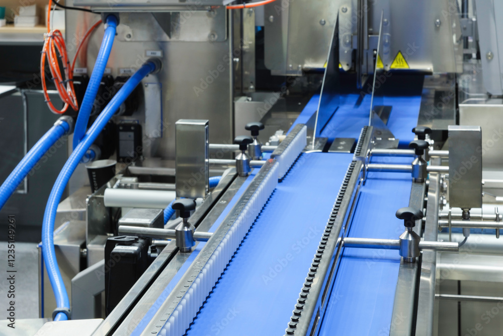 Poster fragment of the conveyor of sticking labeling machine. abstract industrial background.