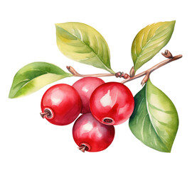 Watercolor cranberries on a transparent background, rich red shades and natural details create a fresh and picturesque.