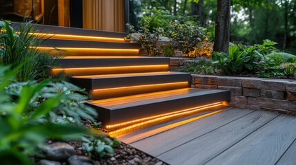 Illuminated outdoor steps leading to modern home, lush landscaping