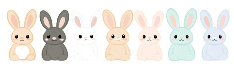 Seven cute cartoon bunnies sitting in a row