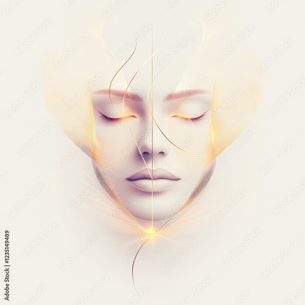 Poster Elegant silhouette of a womans face featuring golden ratio lines in serene atmosphere. Generative AI