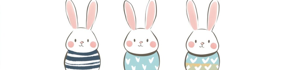 Three cute white rabbits wearing winter sweaters