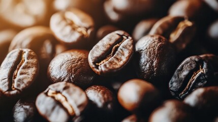 Fototapeta premium A heap of aromatic roasted coffee beans captured in close-up detail