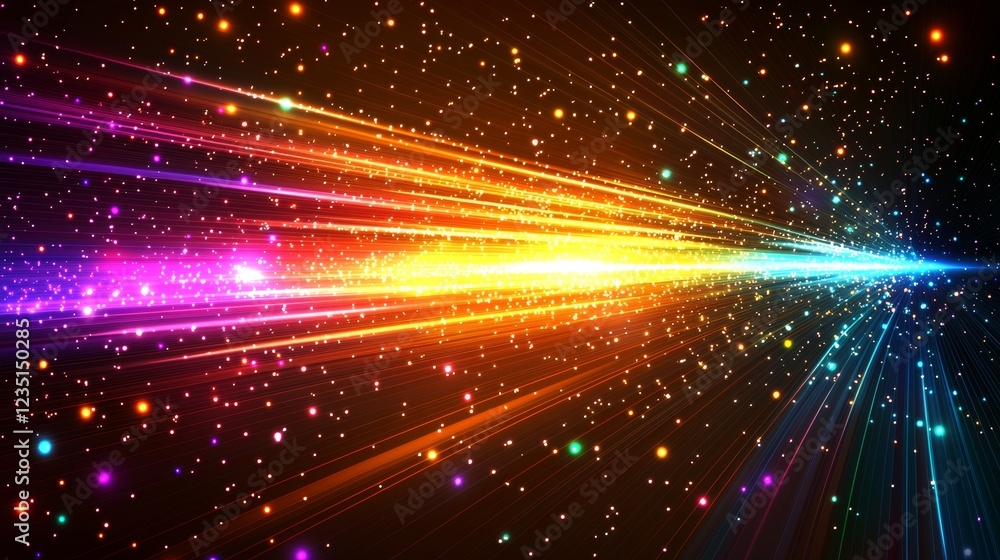Poster a futuristic animation filled with neon orange and purple bended lines that shimmer on a black backd