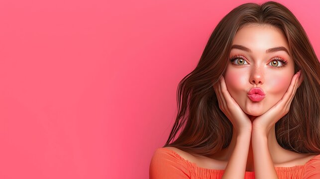 Playful Young Woman With Kissy Face Against Pink Background