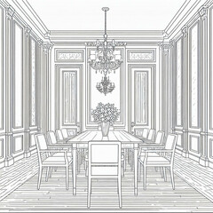 Fototapeta premium line drawing of elegant dining room with chandelier and flower arrangement