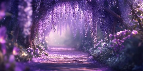 Enchanted pathway beneath cascading purple wisteria blossoms, creating a dreamy and magical atmosphere filled with soft light and floral beauty