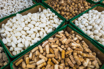 Qurut in boxes on the counter of an Asian market