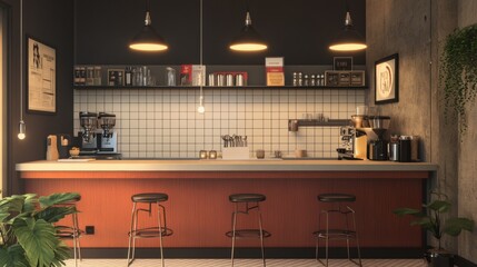 A modern coffee shop with a black and white color scheme, wooden counter, and bar stools.