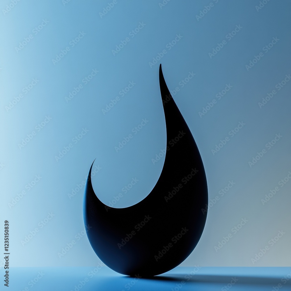 Leinwandbilder Sleek black sculpture resembling a flame set against a soft blue gradient background highlighting its curves and form. Generative AI