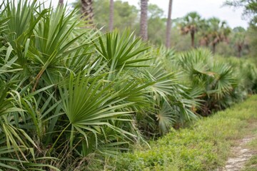 Dense mat of saw palmetto serenoa repens forming a natural barrier, groundcover, saw palmetto serenoa repens hedge
