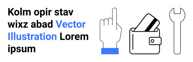 Finger pressing up, wallet with credit cards, wrench on white background. Ideal for digital payments, finance, mobile apps, technology, online transactions security financial tools. Landing page