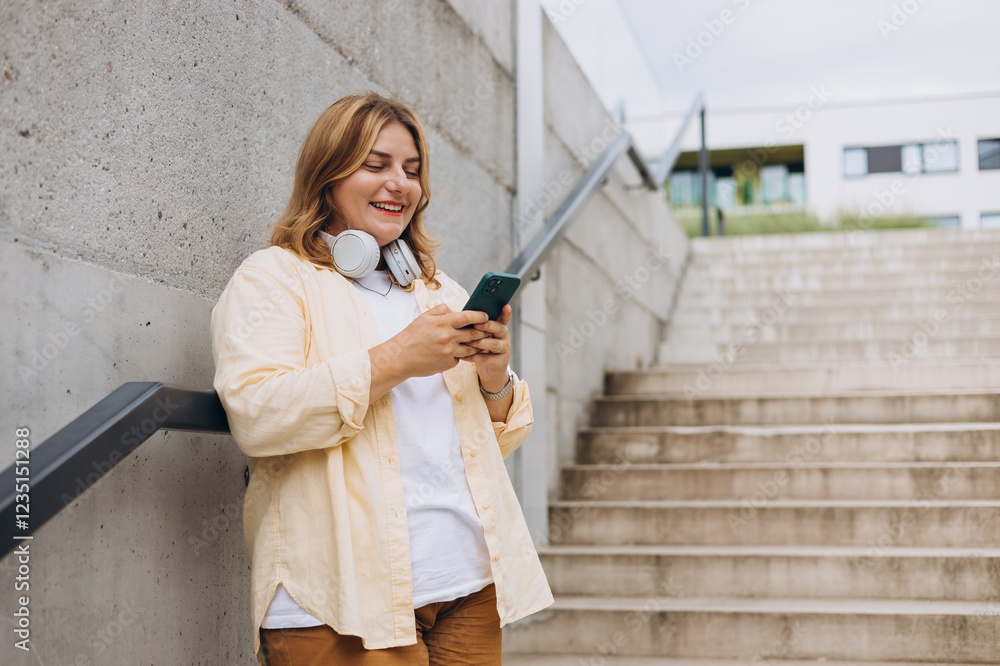 Wall mural Happy young woman with mobile standing on steps in city. Holidays, technology and tourism concept. Female tourist searching direction on smart phone while traveling abroad in summer