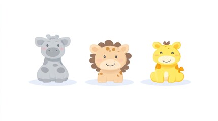 Naklejka premium Adorable baby giraffes and lion cub sitting and smiling