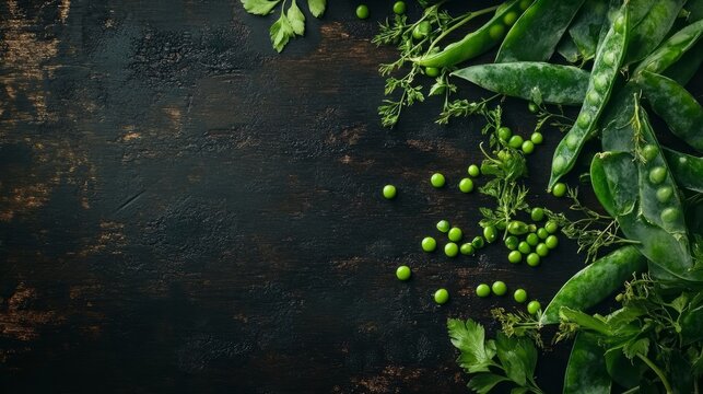A top-down view of vibrant green peas and pods scattered on a dark wooden table