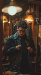 Obraz premium Stylish young man trying on a leather jacket in a vintage shop during evening hours