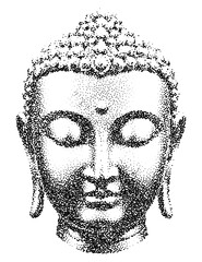 Buddha face with halftone stipple effect, ideal for grunge punk collage designs. Vintage photocopy-style vector with grainy textures and noisy dotwork for a raw, distressed aesthetic.