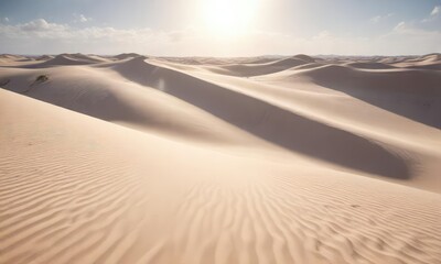 Distant view of undulating white sand dunes under sunlight, rays, hot, sunny