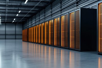 Panoramic view of a large Bitcoin mining farm with organized equipment