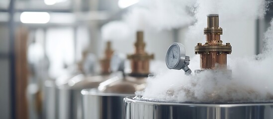 Industrial brewing facility with steam and pressure gauges, showcasing fermentation process