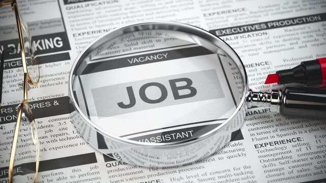 Job search. Loupe with jobs classified ad newspapers